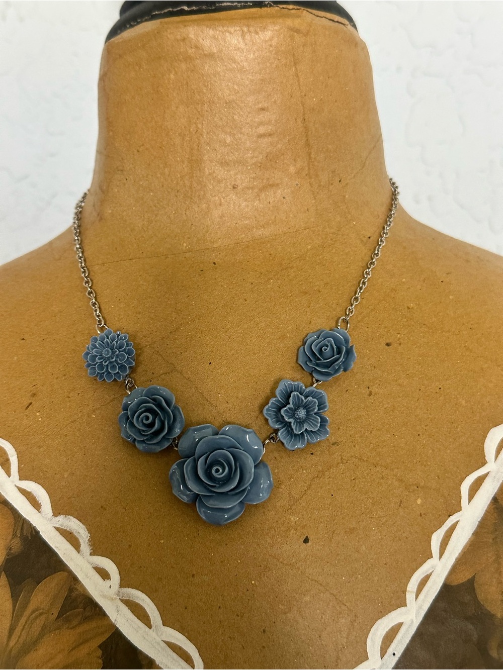 Blue Floral Resin Statement Necklace with Silver-Tone Chain